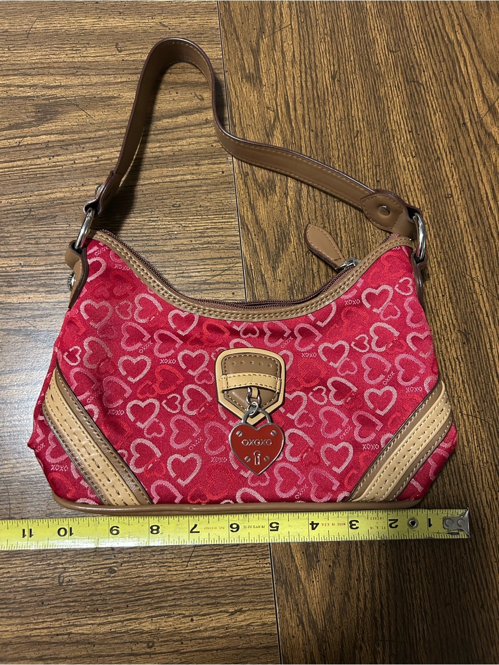 XOXO Red Heart Print Mini Shoulder Bag with Tan Trim